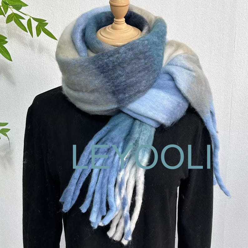 Blue Plaid Mohair Scarf: Warm Winter Shawl