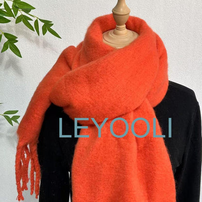 Orange Mohair Wool Blend Scarf, Winter Tassel Scarf