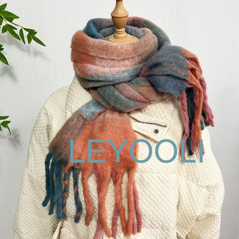 Reversible Mohair Plaid Scarf, Orange Blue Tassel Shawl