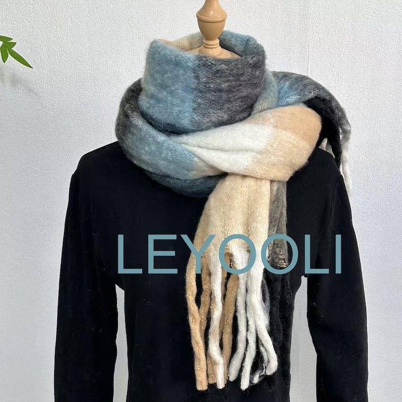 Oversized Mohair Plaid Scarf, Winter Warm Shawl with Tassels