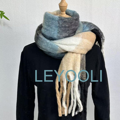 Oversized Mohair Plaid Scarf, Winter Warm Shawl with Tassels