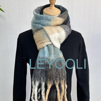 Oversized Mohair Plaid Scarf, Winter Warm Shawl with Tassels