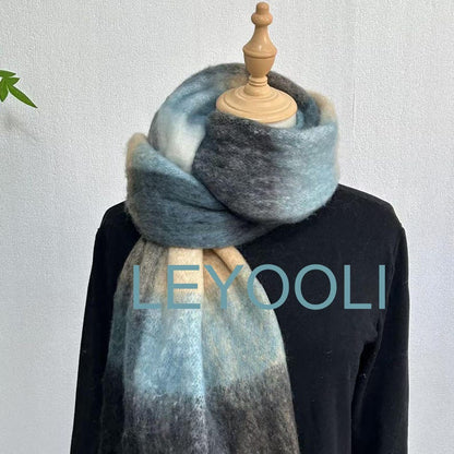 Oversized Mohair Plaid Scarf, Winter Warm Shawl with Tassels