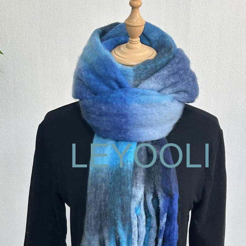 Blue Plaid Mohair Scarf: Winter Warm Tassel Shawl