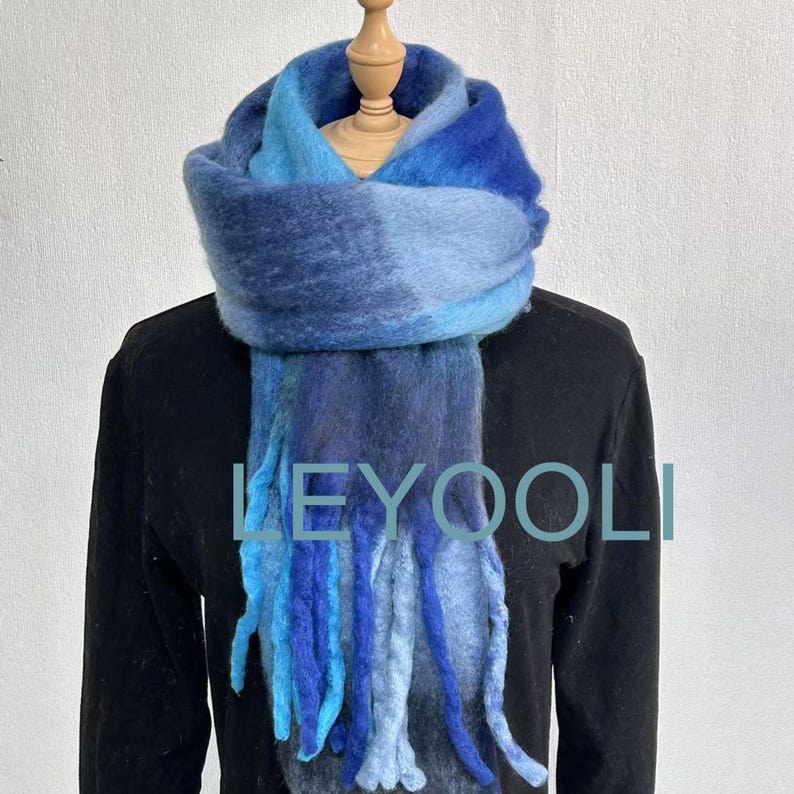 Blue Plaid Mohair Scarf: Winter Warm Tassel Shawl