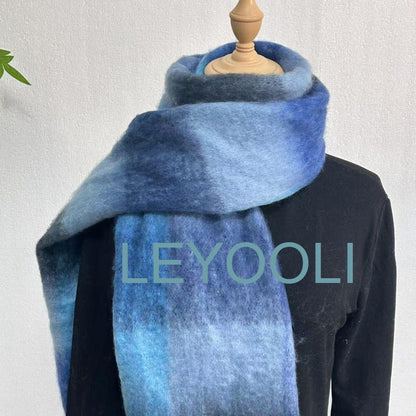 Blue Plaid Mohair Scarf: Winter Warm Tassel Shawl