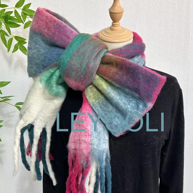 Rainbow Plaid Mohair Scarf: Warm Winter Shawl