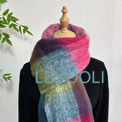 Rainbow Plaid Mohair Scarf: Warm Winter Shawl