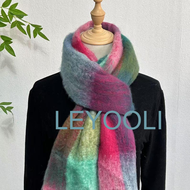 Rainbow Plaid Mohair Scarf: Warm Winter Shawl