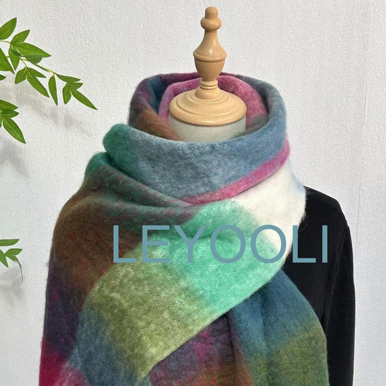 Rainbow Plaid Mohair Scarf: Warm Winter Shawl