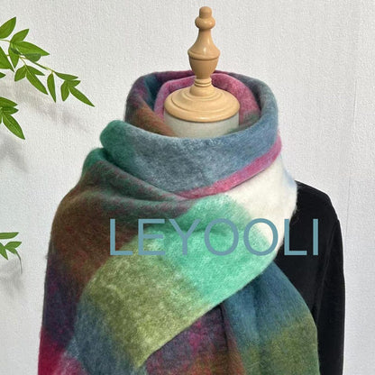 Rainbow Plaid Mohair Scarf: Warm Winter Shawl