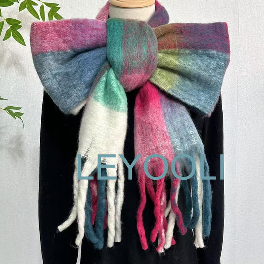 Rainbow Plaid Mohair Scarf: Warm Winter Shawl