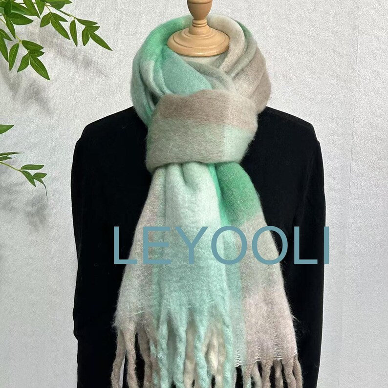 Green White Plaid Mohair Scarf, Warm Winter Shawl