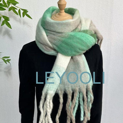 Green White Plaid Mohair Scarf, Warm Winter Shawl