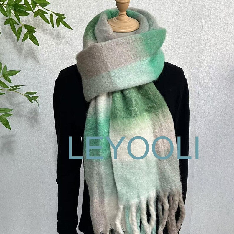 Green White Plaid Mohair Scarf, Warm Winter Shawl