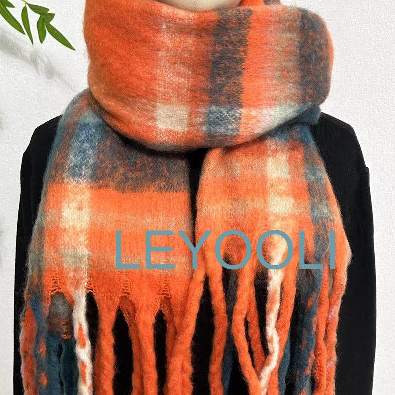 Orange Plaid Mohair Scarf: Reversible Winter Shawl