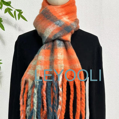 Orange Plaid Mohair Scarf: Reversible Winter Shawl
