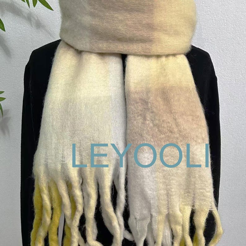 Yellow Plaid Mohair Scarf, Winter Warm Tassel Shawl