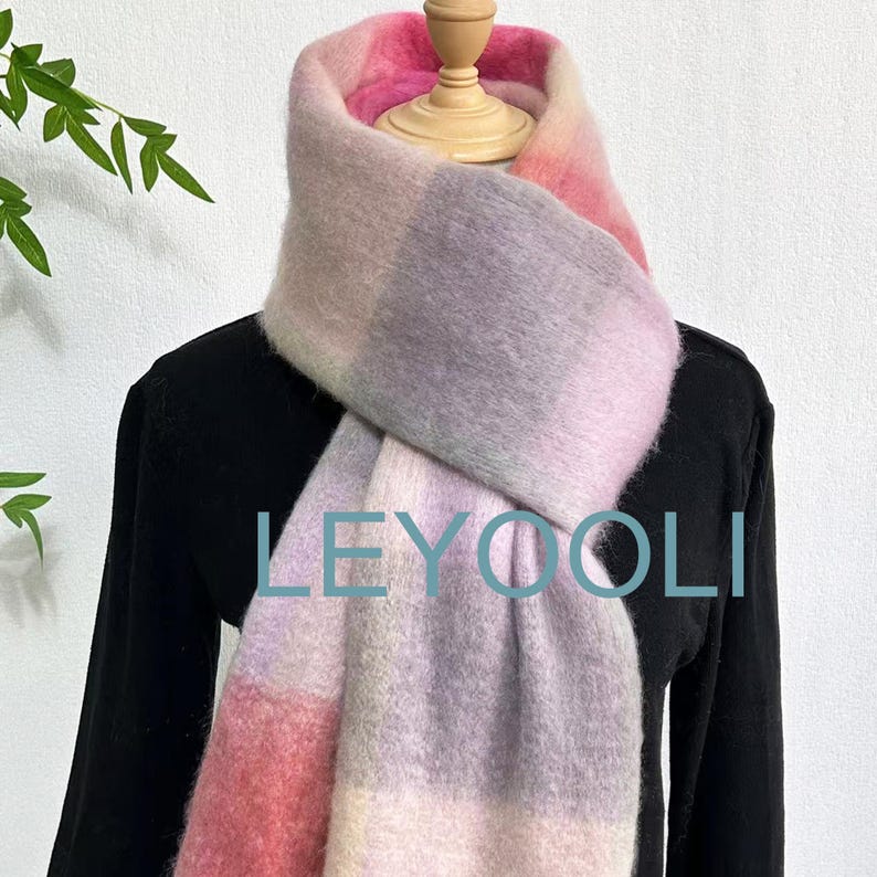 Pink Plaid Mohair Scarf: Reversible Winter Shawl