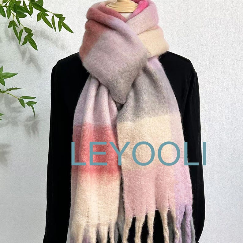 Pink Plaid Mohair Scarf: Reversible Winter Shawl