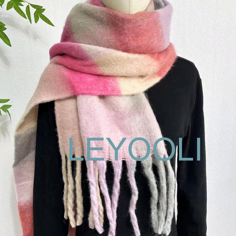 Pink Plaid Mohair Scarf: Reversible Winter Shawl