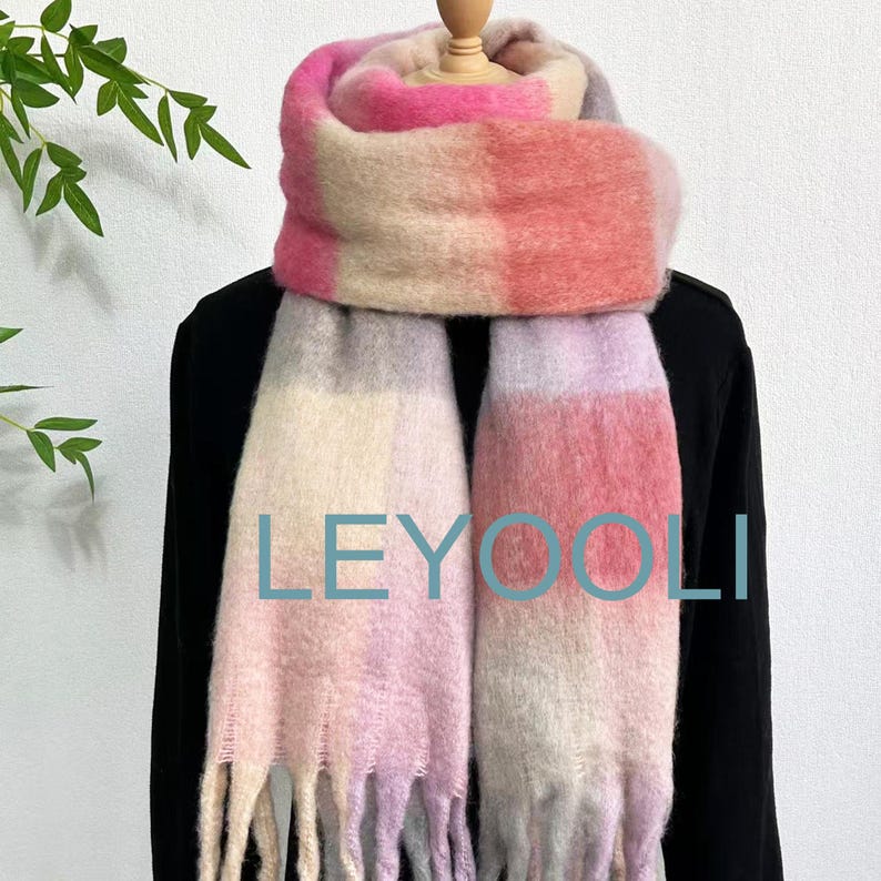 Pink Plaid Mohair Scarf: Reversible Winter Shawl