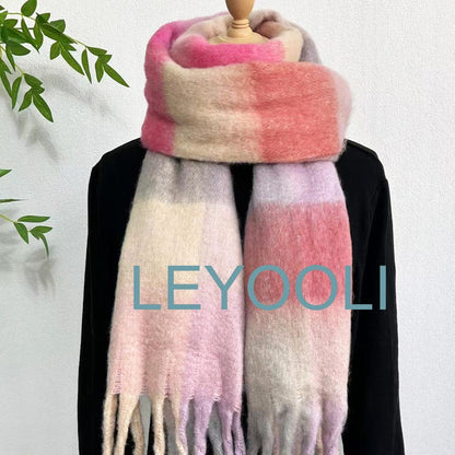 Pink Plaid Mohair Scarf: Reversible Winter Shawl