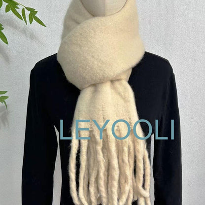 Cheese Yellow Mohair Blend Tassel Scarf, Winter Warm Scarf