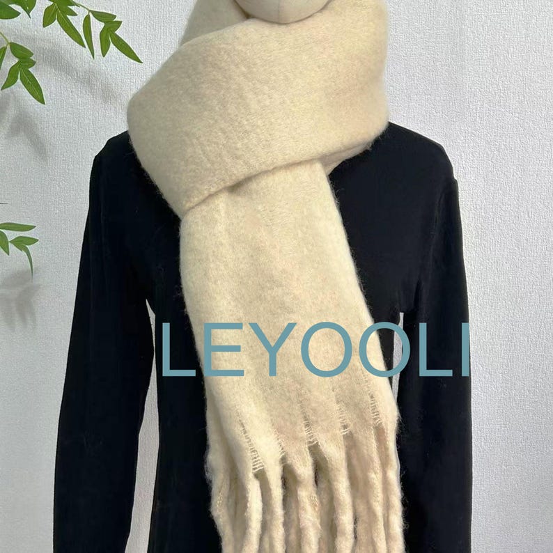 Cheese Yellow Mohair Blend Tassel Scarf, Winter Warm Scarf