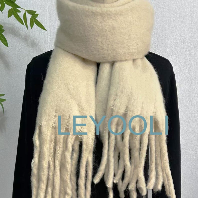 Cheese Yellow Mohair Blend Tassel Scarf, Winter Warm Scarf