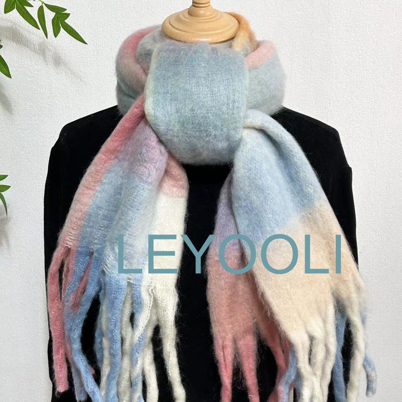Powder Blue Plaid Mohair Scarf, Winter Warm Tassel Shawl