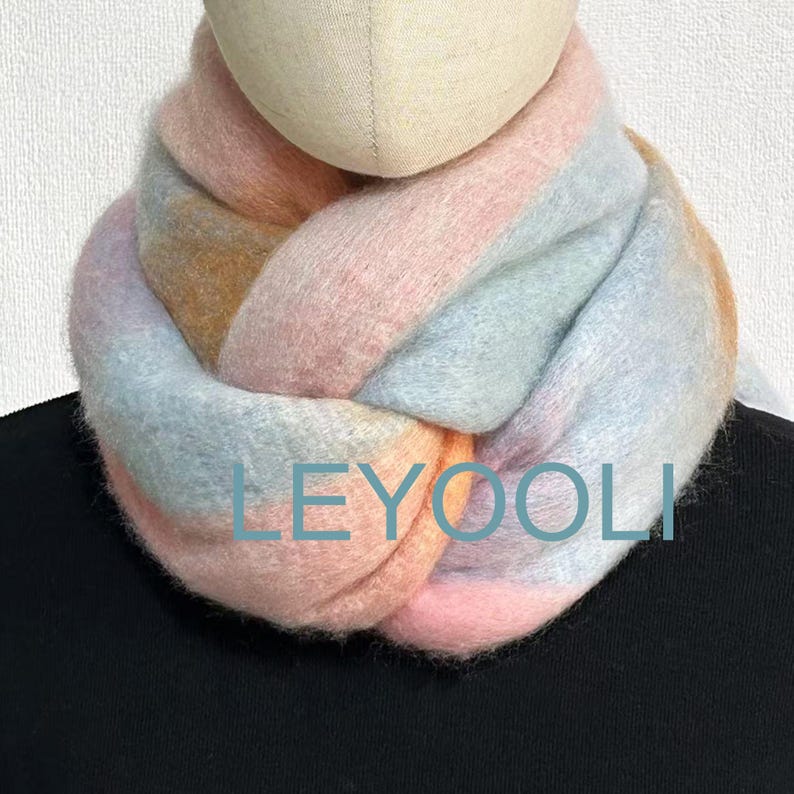 Powder Blue Plaid Mohair Scarf, Winter Warm Tassel Shawl