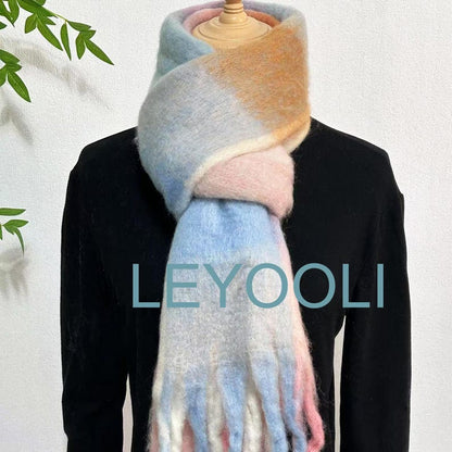 Powder Blue Plaid Mohair Scarf, Winter Warm Tassel Shawl