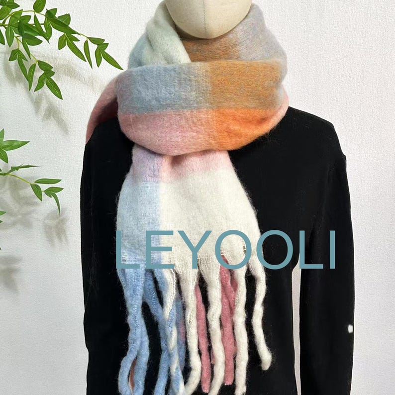 Powder Blue Plaid Mohair Scarf, Winter Warm Tassel Shawl