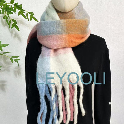 Powder Blue Plaid Mohair Scarf, Winter Warm Tassel Shawl