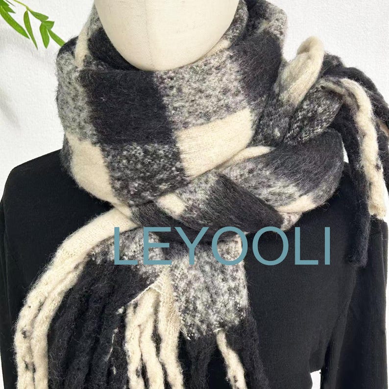 Black and White Plaid Mohair Scarf: Winter Warm Tassel Shawl