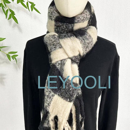 Black and White Plaid Mohair Scarf: Winter Warm Tassel Shawl