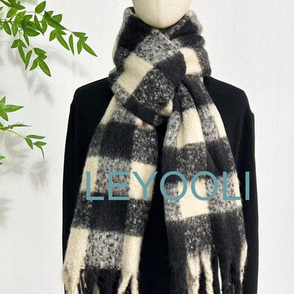 Black and White Plaid Mohair Scarf: Winter Warm Tassel Shawl