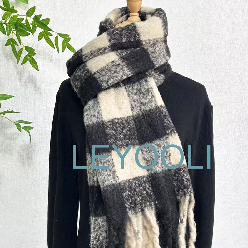Black and White Plaid Mohair Scarf: Winter Warm Tassel Shawl