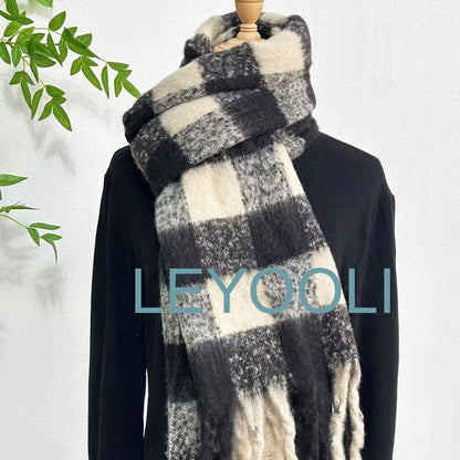 Black and White Plaid Mohair Scarf: Winter Warm Tassel Shawl