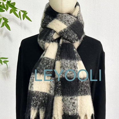 Black and White Plaid Mohair Scarf: Winter Warm Tassel Shawl