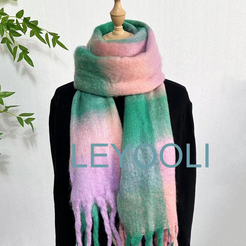 Green Purple Plaid Mohair Scarf, Winter Tassel Shawl
