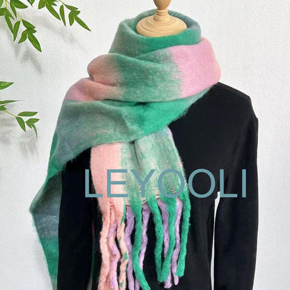 Green Purple Plaid Mohair Scarf, Winter Tassel Shawl