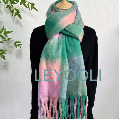 Green Purple Plaid Mohair Scarf, Winter Tassel Shawl