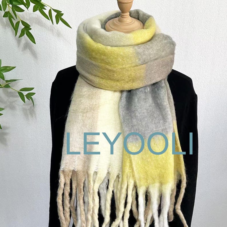 Yellow Plaid Mohair Scarf, Winter Warm Shawl