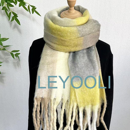 Yellow Plaid Mohair Scarf, Winter Warm Shawl
