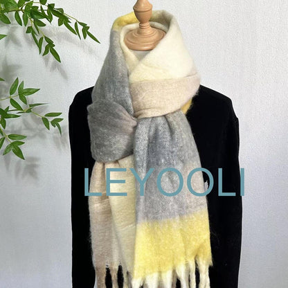 Yellow Plaid Mohair Scarf, Winter Warm Shawl