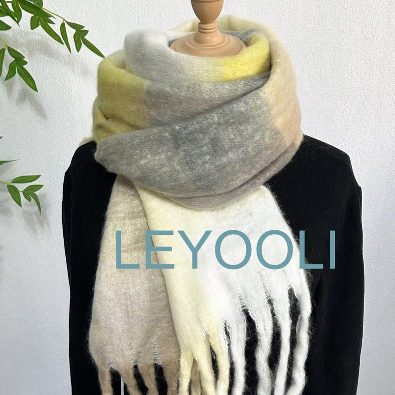 Yellow Plaid Mohair Scarf, Winter Warm Shawl