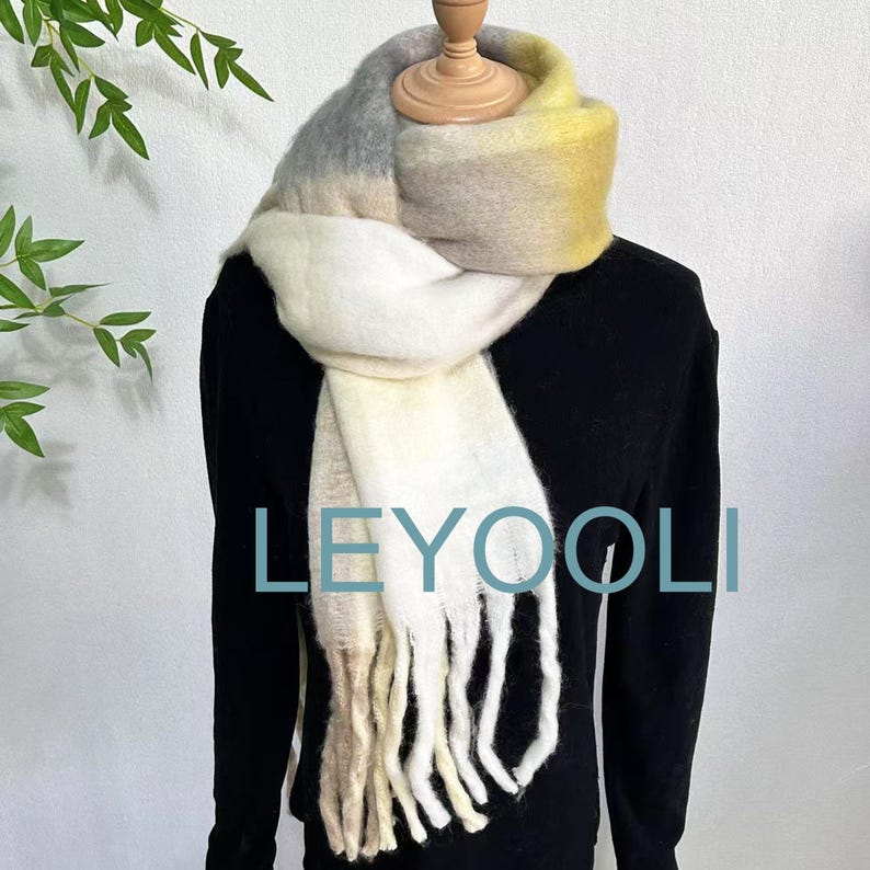 Yellow Plaid Mohair Scarf, Winter Warm Shawl