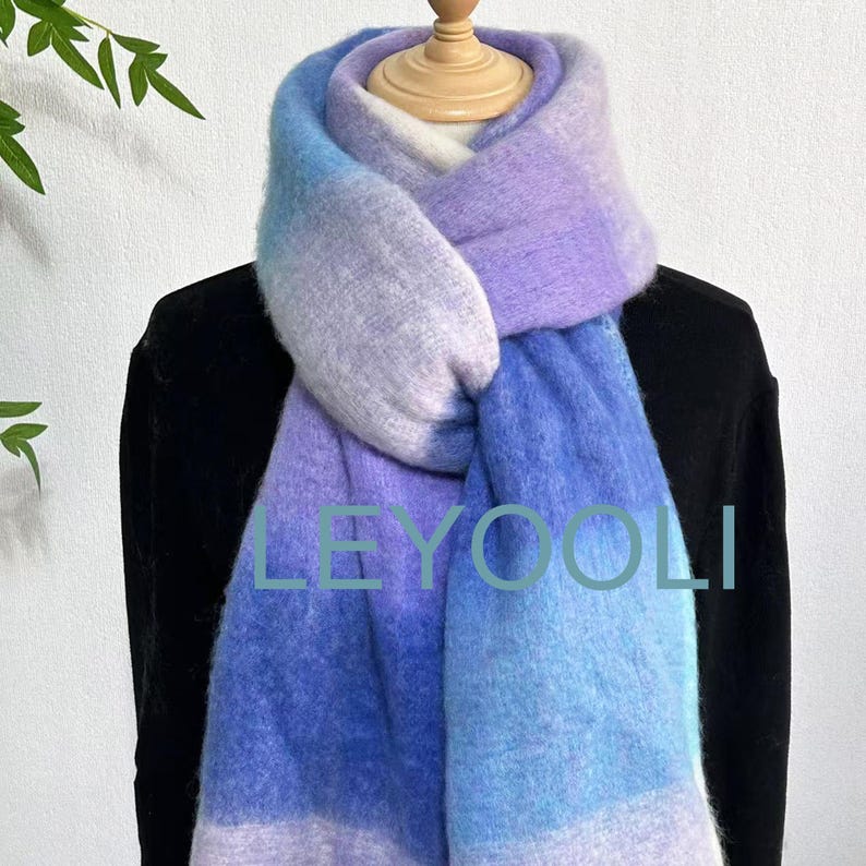 Purple Plaid Mohair Scarf: Winter Warm Tassel Shawl